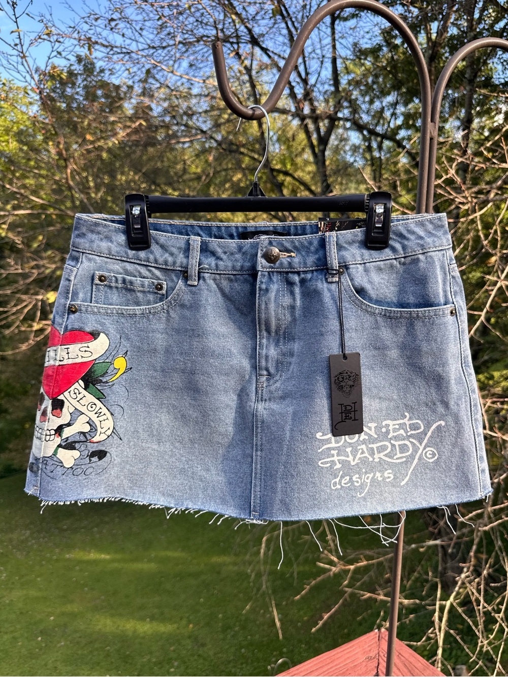 Ed Hardy Light Blue Denim Skull Painted Mini Skirt NWT Y2K - Picture 2 of 6